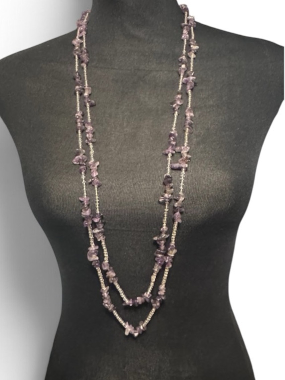 Amethyst and clear Chip Extra Long Single Stand necklace 74"